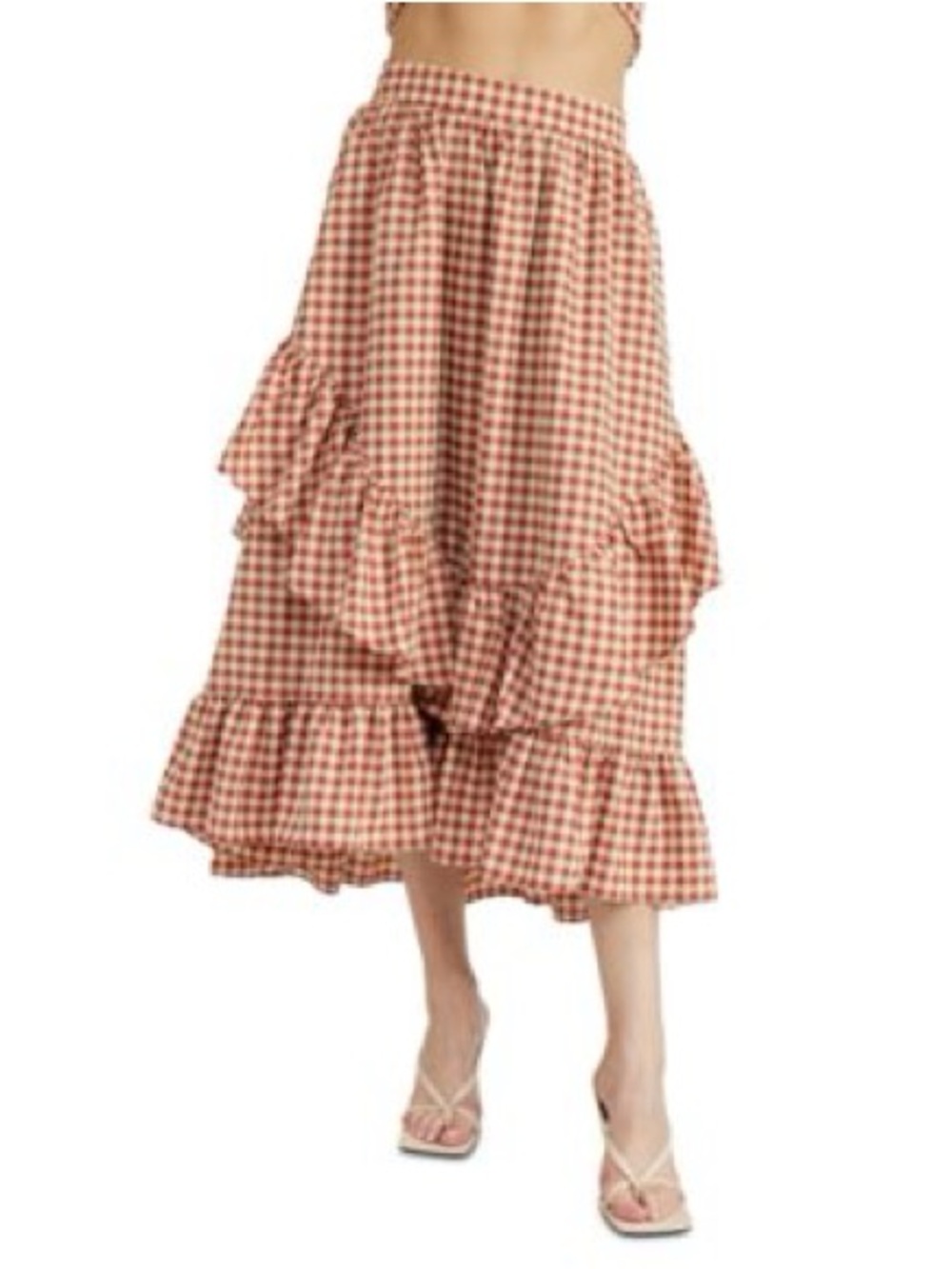 En Saison Juni Tiered-Ruffle Gingham Midi Skirt XS